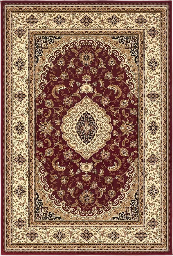 Ornate Persian rug with red and gold patterns.