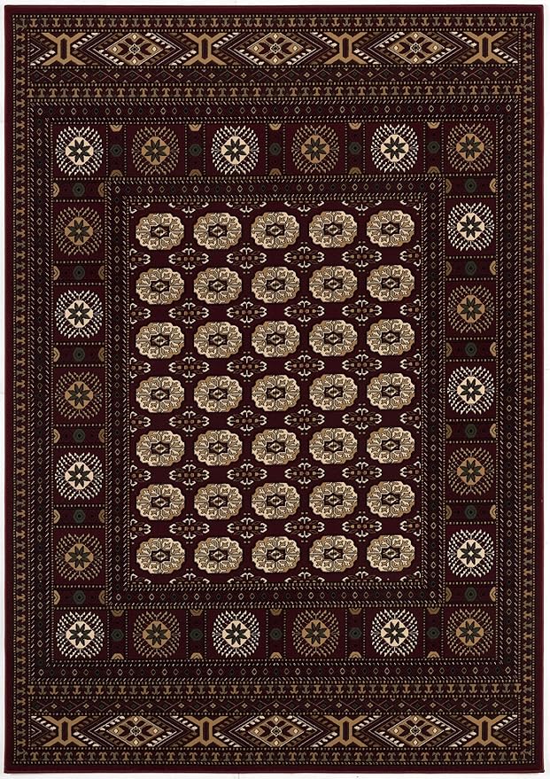 Traditional brown rug with intricate floral patterns.