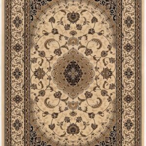 Intricate patterned beige and brown area rug.