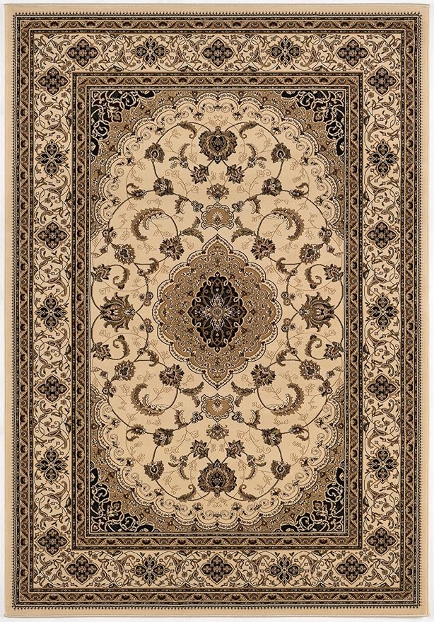 Intricate patterned beige and brown area rug.