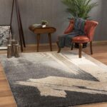 Modern living room with abstract rug and decor