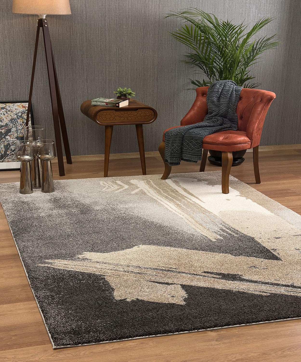 Modern living room with abstract rug and decor