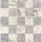 Modern checkered rug with abstract gray pattern.