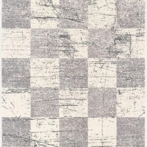Modern checkered rug with abstract gray pattern.