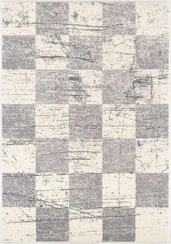 Modern checkered rug with abstract gray pattern.