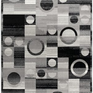 Geometric black and gray pattern rug with circles.