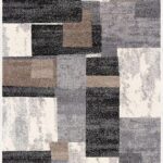 Abstract geometric pattern rug with gray, beige blocks.
