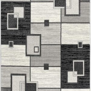 Abstract geometric area rug with square patterns.