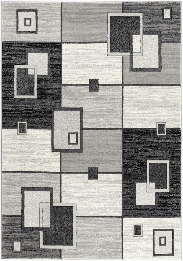 Abstract geometric area rug with square patterns.