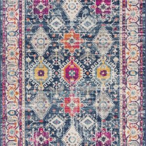 Colorful geometric patterned area rug.