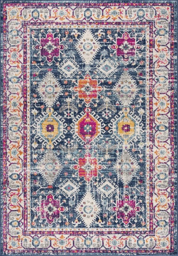 Colorful geometric patterned area rug.