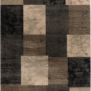 Geometric pattern rug with earth tones.