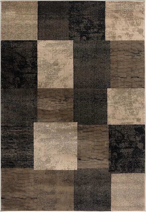 Geometric pattern rug with earth tones.