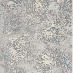 Gray and blue abstract patterned area rug.