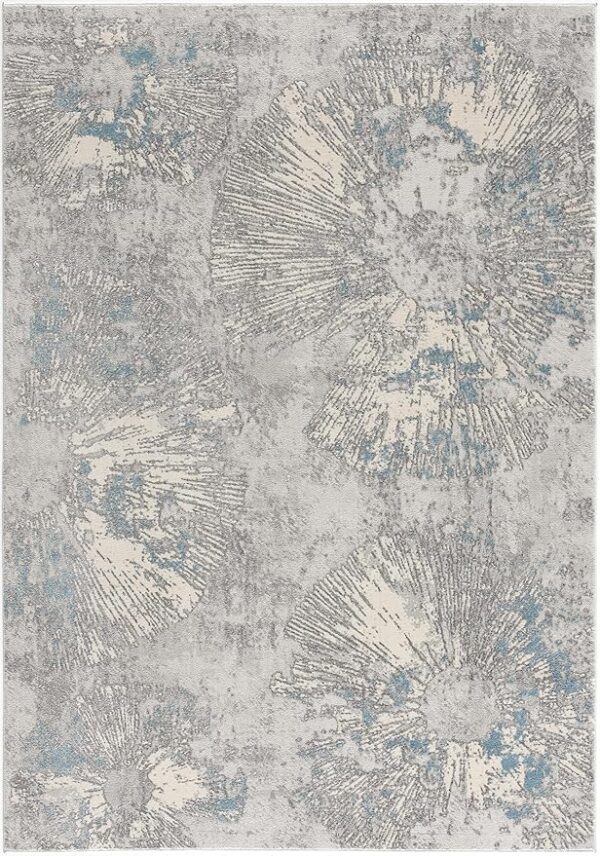 Gray and blue abstract patterned area rug.