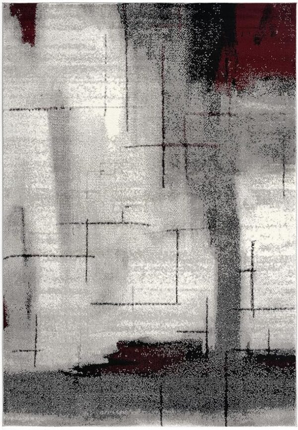 Abstract rug with geometric patterns in gray and red.