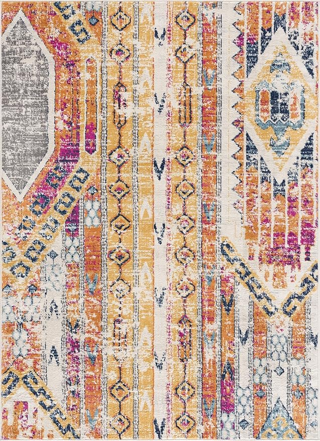 Colorful geometric pattern rug with tribal design