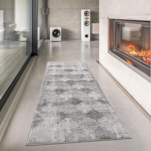 Gray runner rug in modern living room with fireplace.