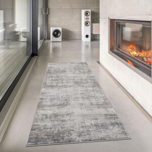 Modern living room with fireplace and gray runner rug