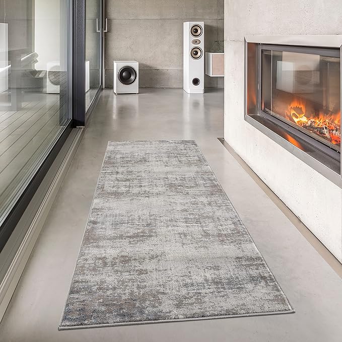 Modern living room with fireplace and gray runner rug