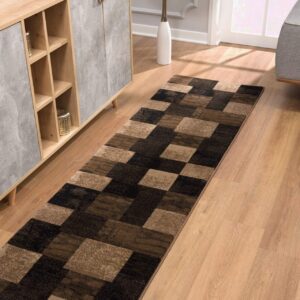 Checkerboard pattern rug in modern hallway decor.