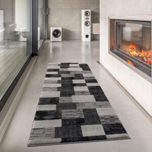 Modern living room with geometric rug and fireplace.