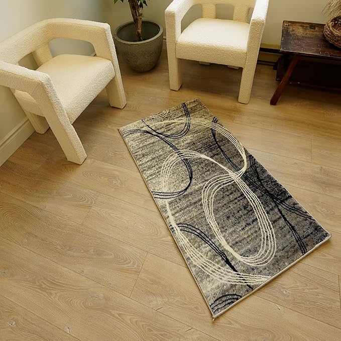 Modern rug with abstract design in cozy room.