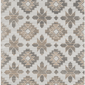 Geometric pattern rug with gray and beige designs.