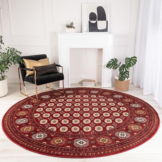Cozy living room with red round patterned rug.