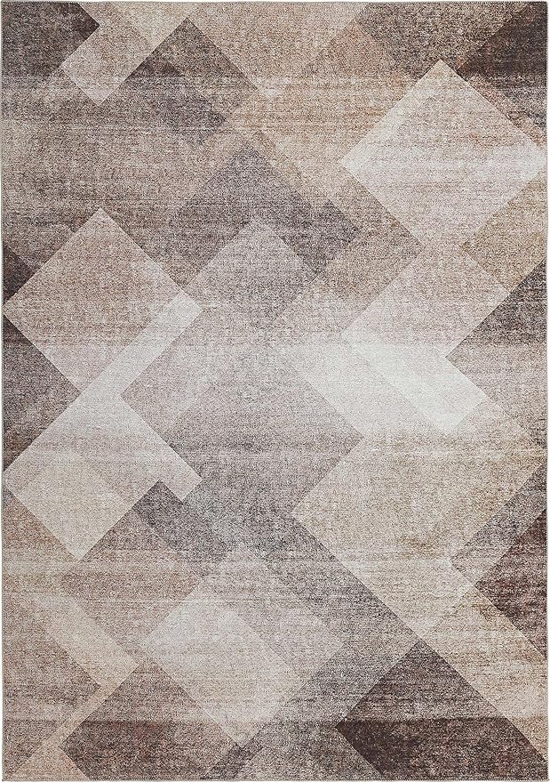 Geometric beige and brown area rug design.