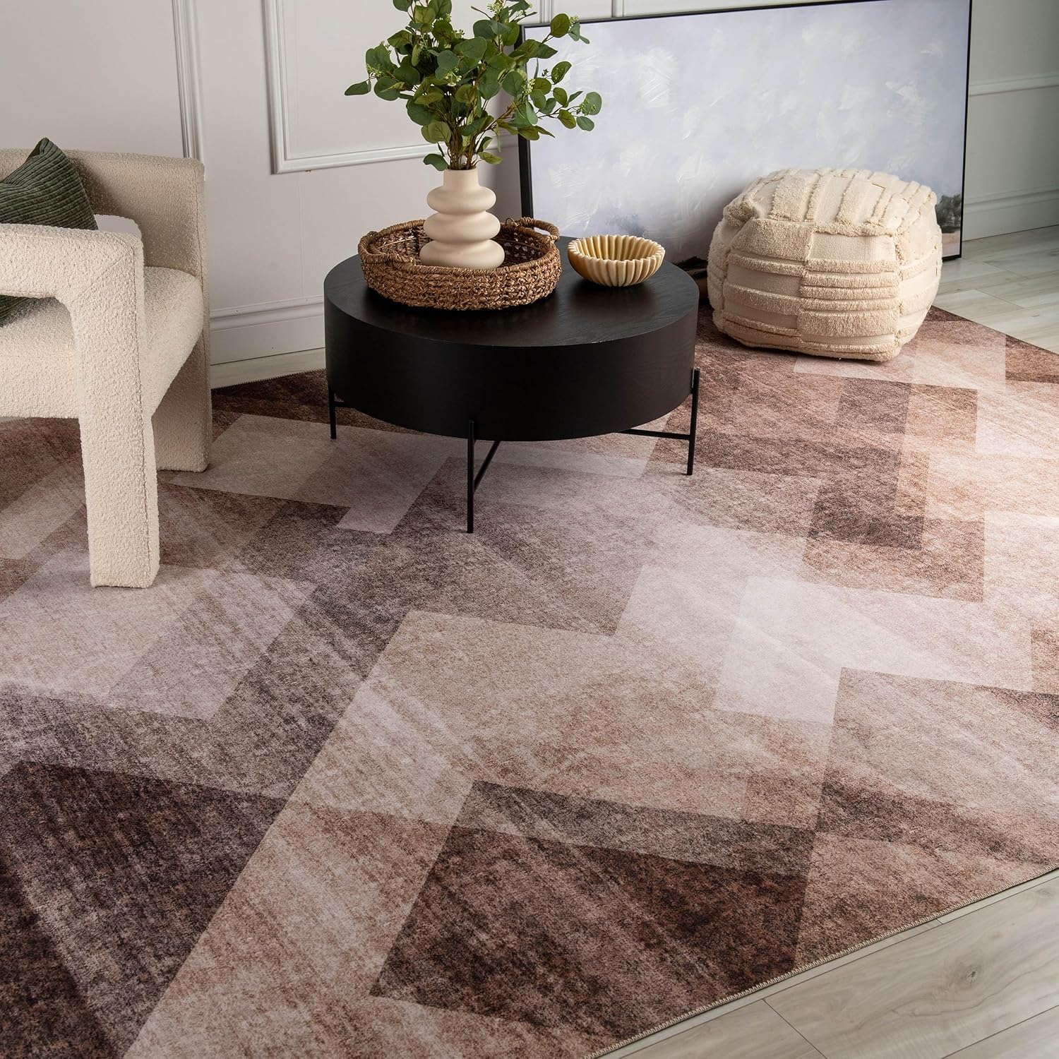 Modern living room with geometric rug