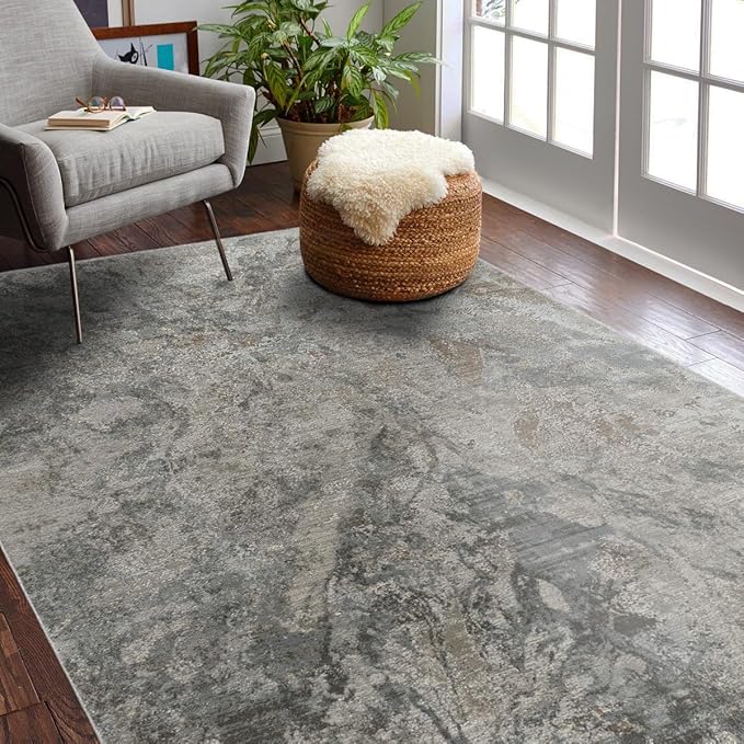Modern living room with gray area rug.