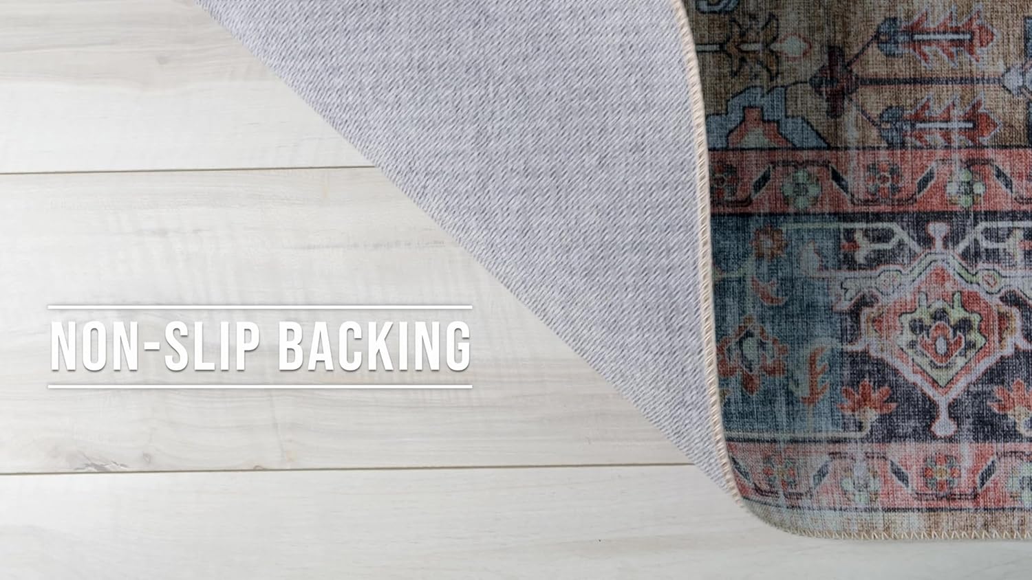 Rug with non-slip backing on wooden floor