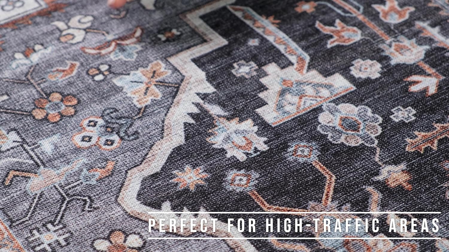 Patterned rug close-up, durable for high-traffic areas.