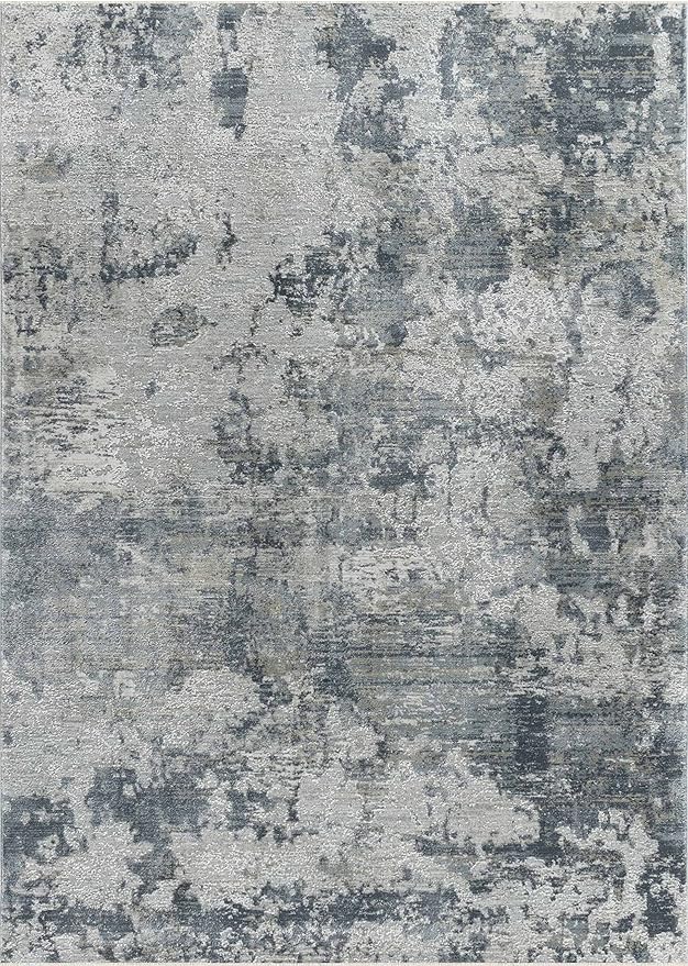 Abstract gray and blue textured rug design.