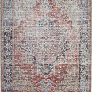 Vintage patterned area rug with red and blue hues.