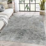 Modern living room with abstract gray rug.