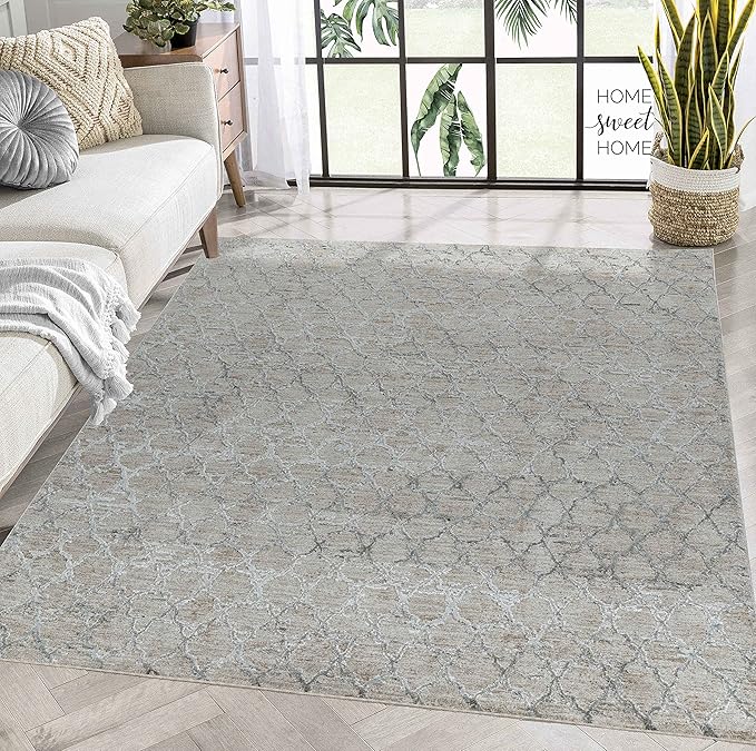 Modern living room with large patterned rug.