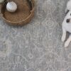 White dog on patterned gray rug with basket
