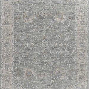 Gray Persian rug with intricate floral patterns.
