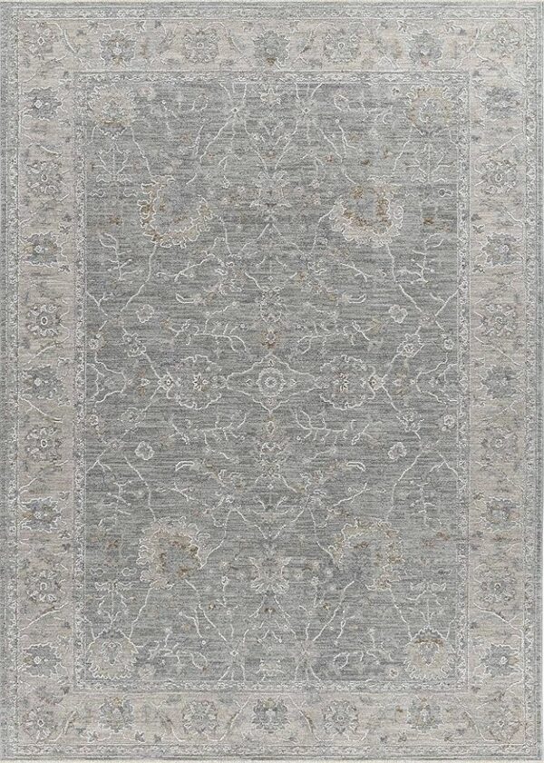 Gray Persian rug with intricate floral patterns.