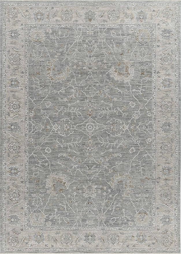 Gray Persian rug with intricate floral patterns.