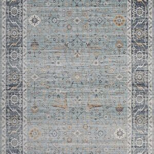Intricate blue oriental rug with floral patterns.