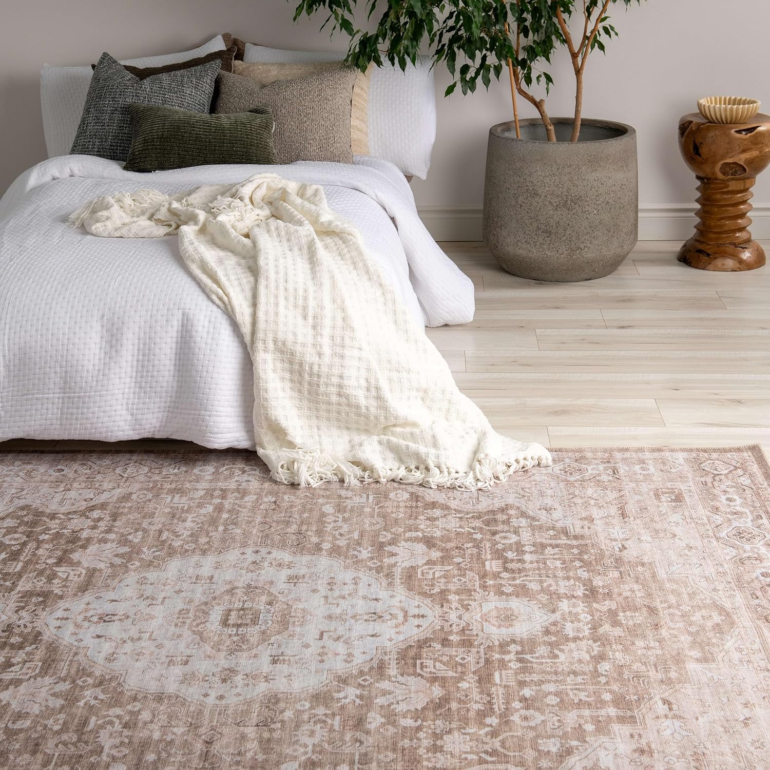 Cozy bedroom with patterned rug and plant.