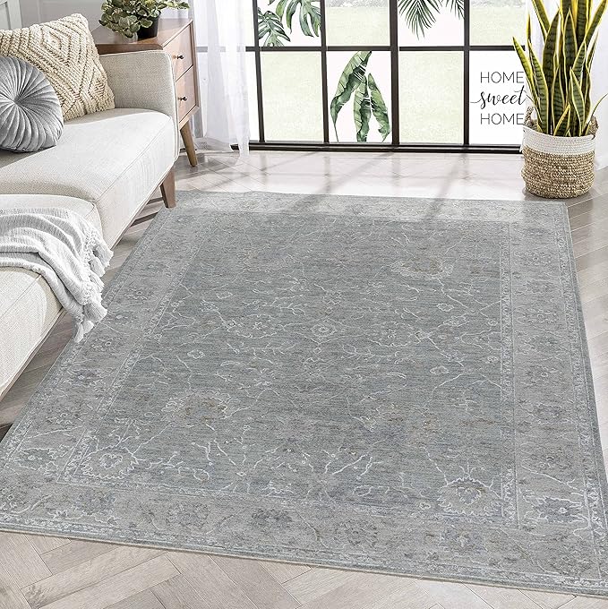 Living room with gray patterned rug