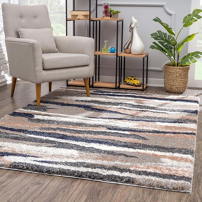 Living room with armchair and striped rug
