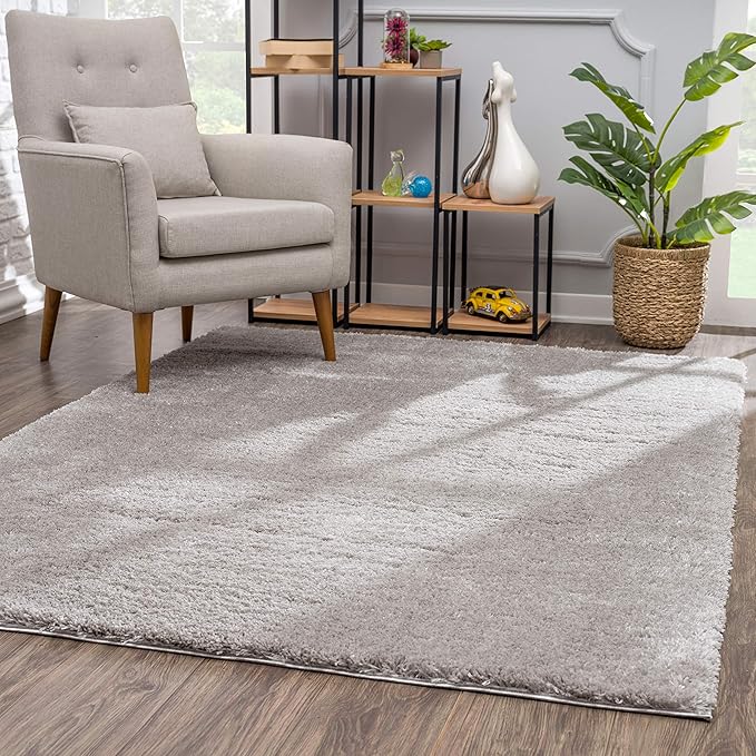 Cozy living room with gray rug and armchair.