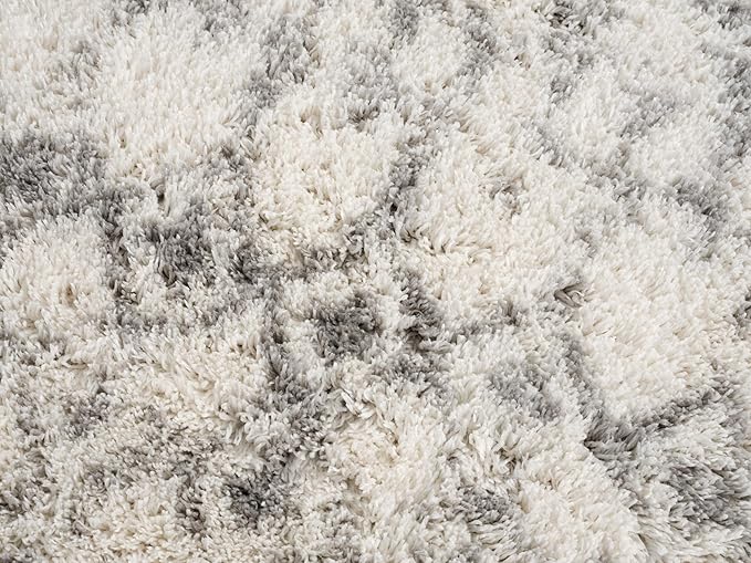 Close-up of a fluffy textured grey and white carpet.