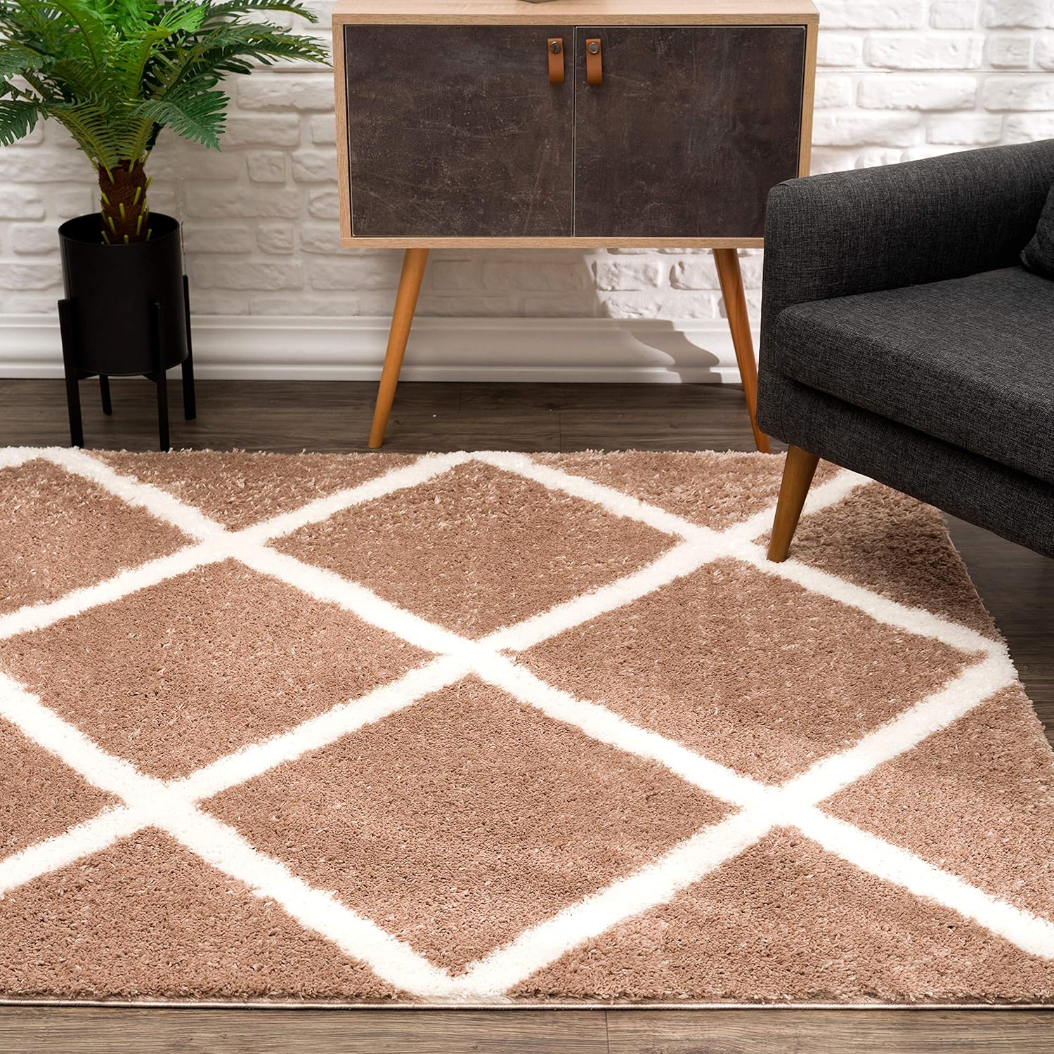 Geometric patterned rug in a modern living room.