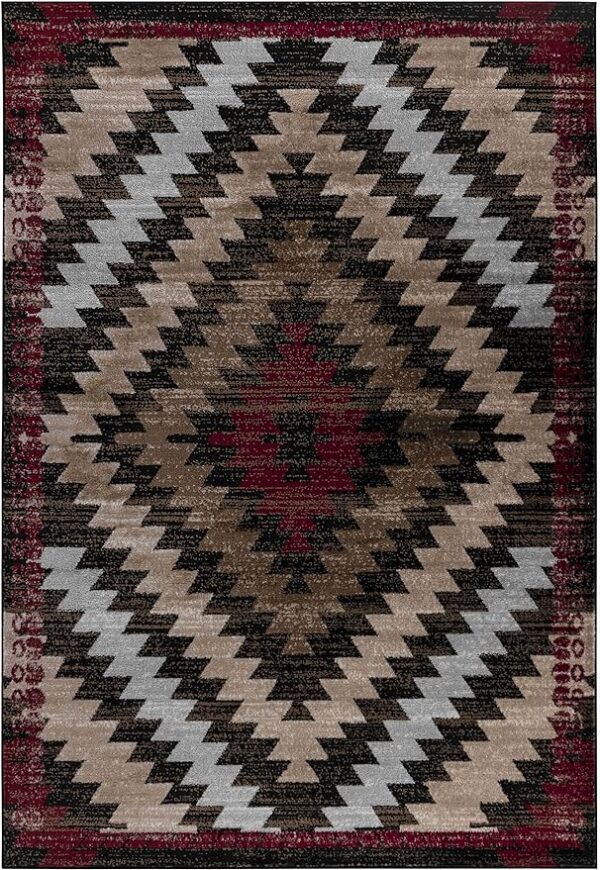 Geometric patterned area rug with bold colors.